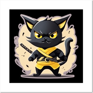 Ninja Cat Black and Yellow Posters and Art